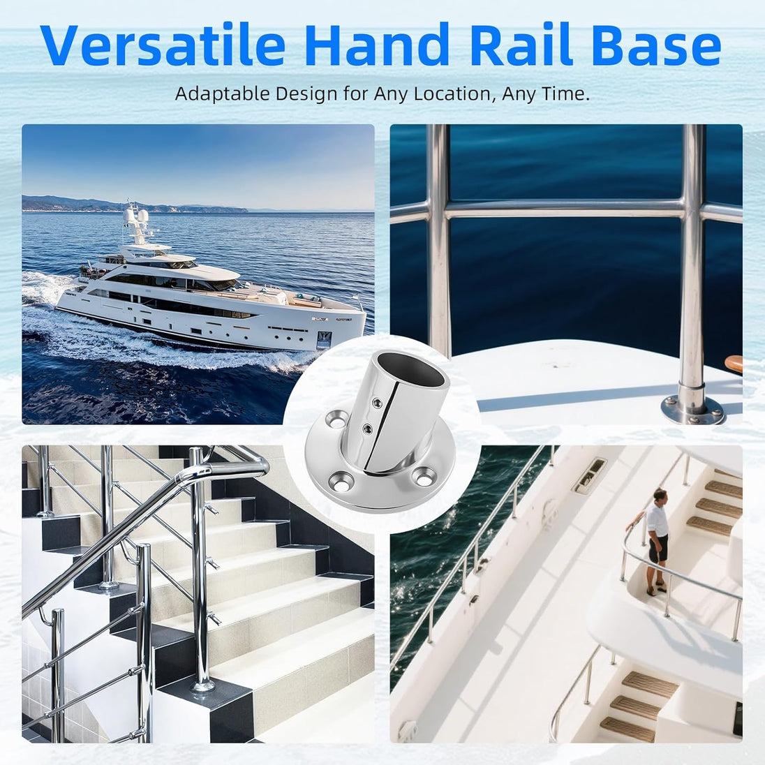Various applications of the 60 degree marine tube connector on boat decks and rub rails