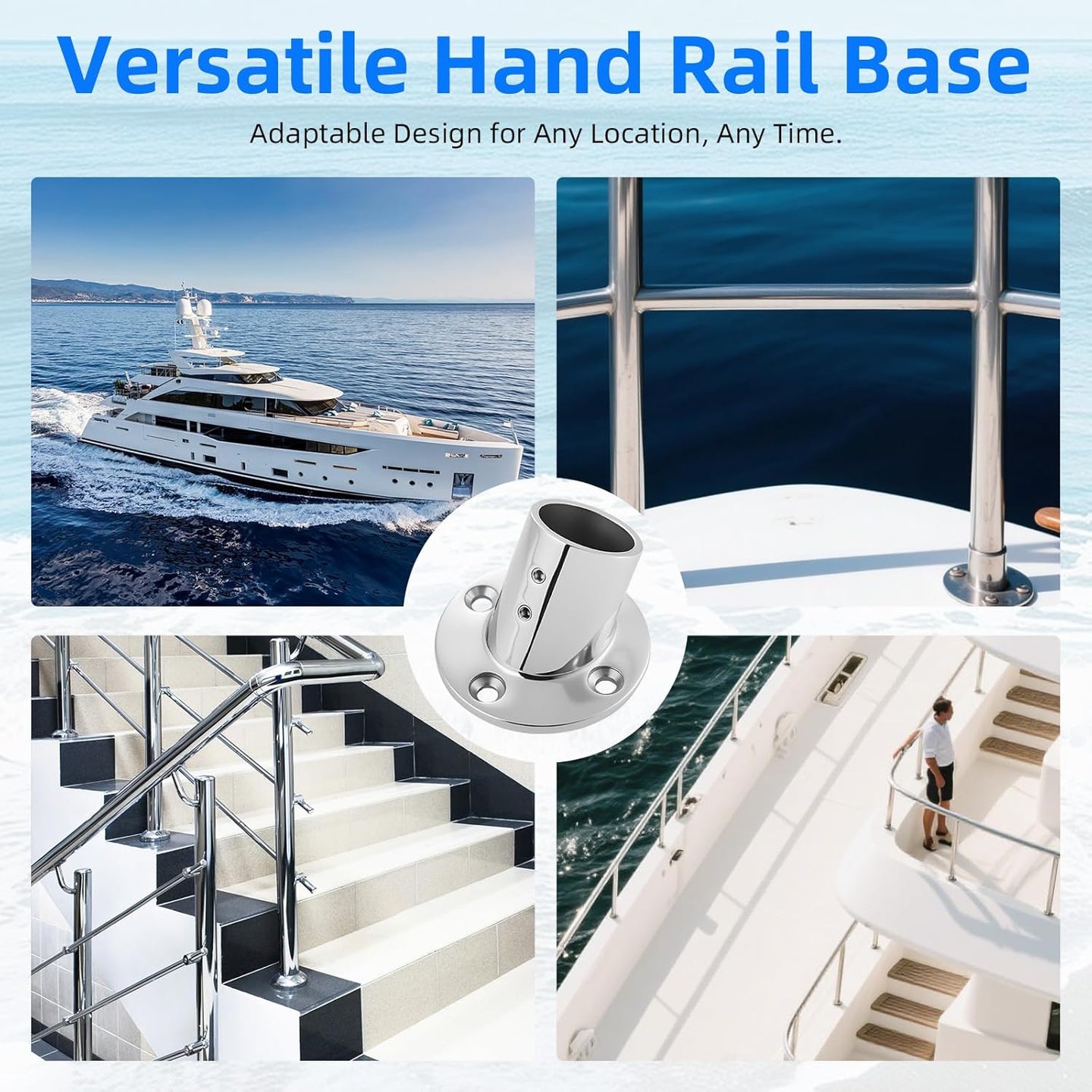 Various applications of the 60 degree marine tube connector on boat decks and rub rails