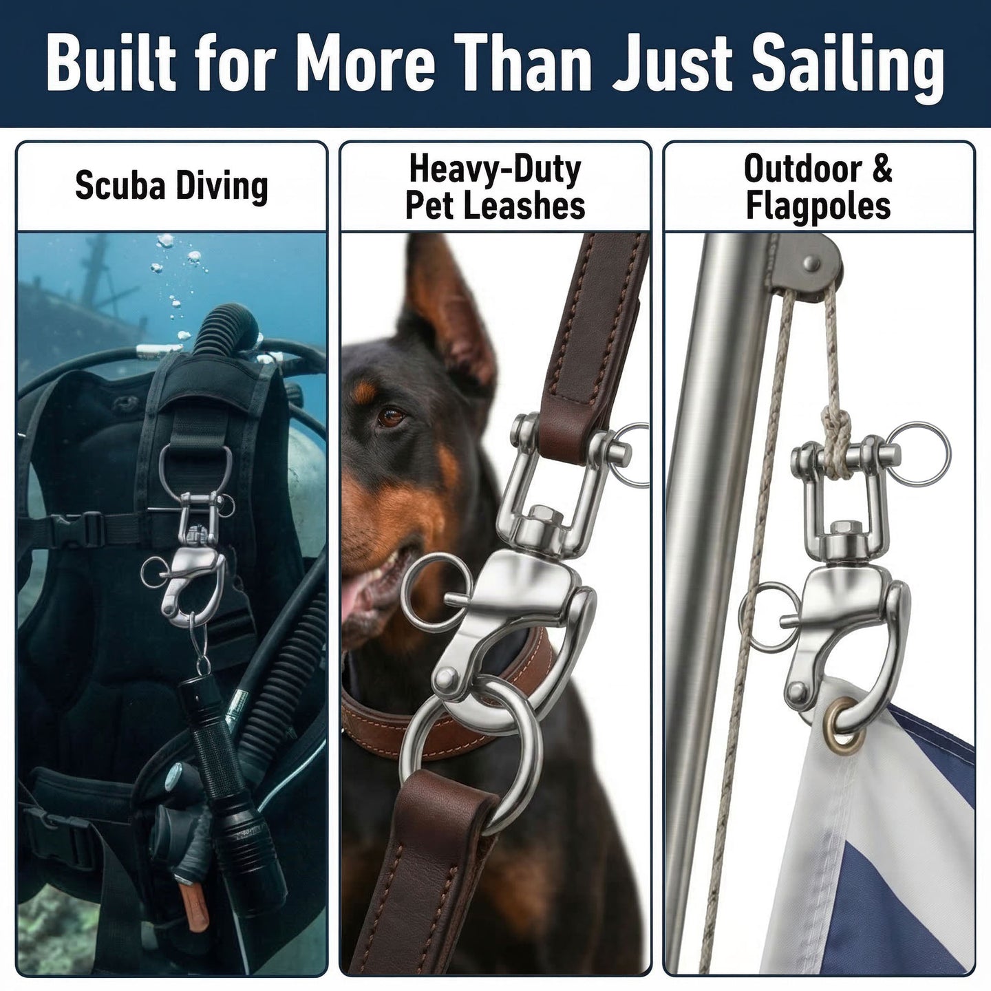 Versatile applications for RiaYer silver snap shackle including scuba diving, dog leashes, and flagpoles.