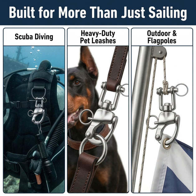 Versatile applications for RiaYer silver snap shackle including scuba diving, dog leashes, and flagpoles.