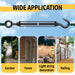 A collage showcasing the versatility of stainless steel turnbuckle tensioners in various outdoor DIY projects like garden fencing and plant support.