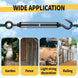 A collage showcasing the versatility of stainless steel turnbuckle tensioners in various outdoor DIY projects like garden fencing and plant support.