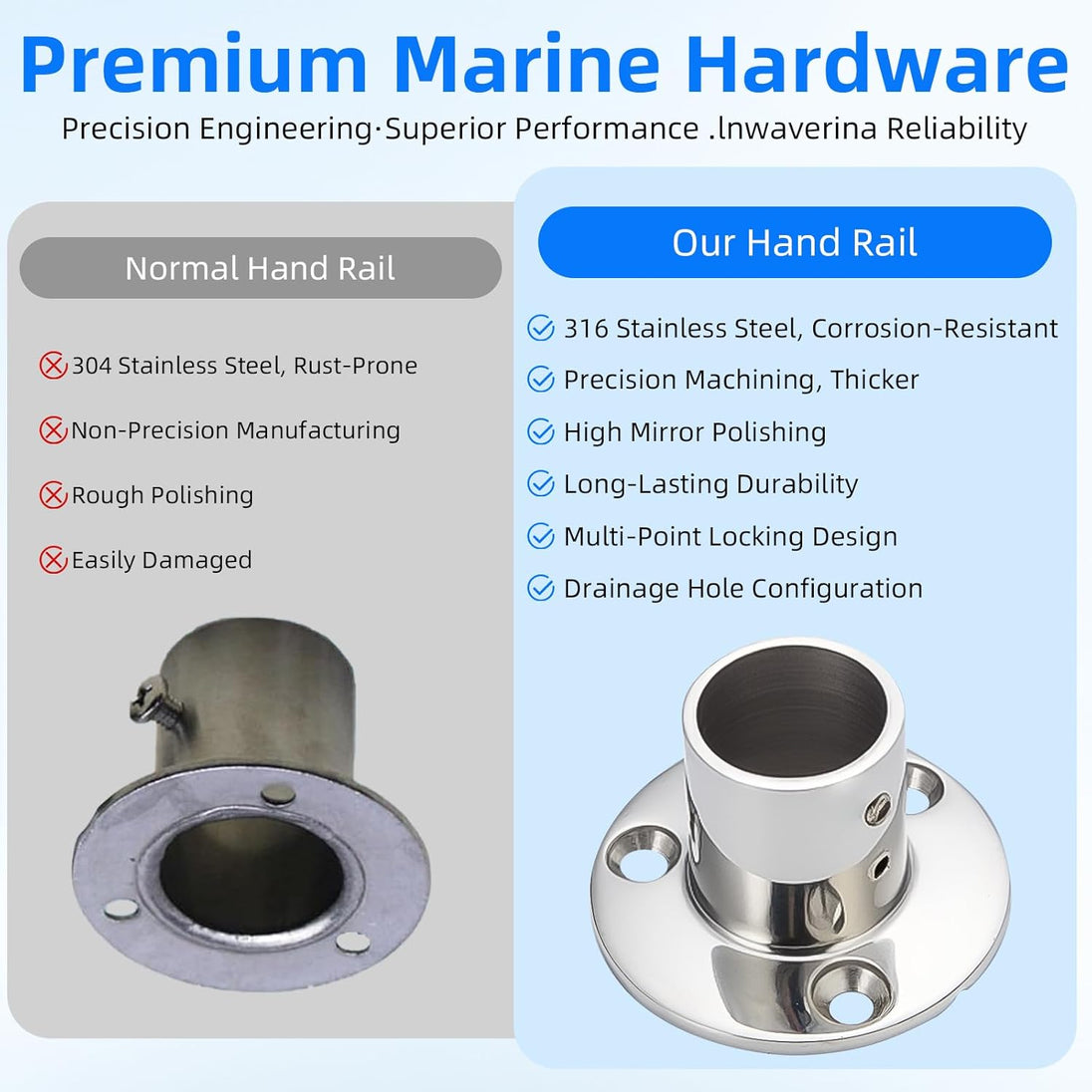 Various applications of the 90 degree vertical marine tube connector on flat boat decks
