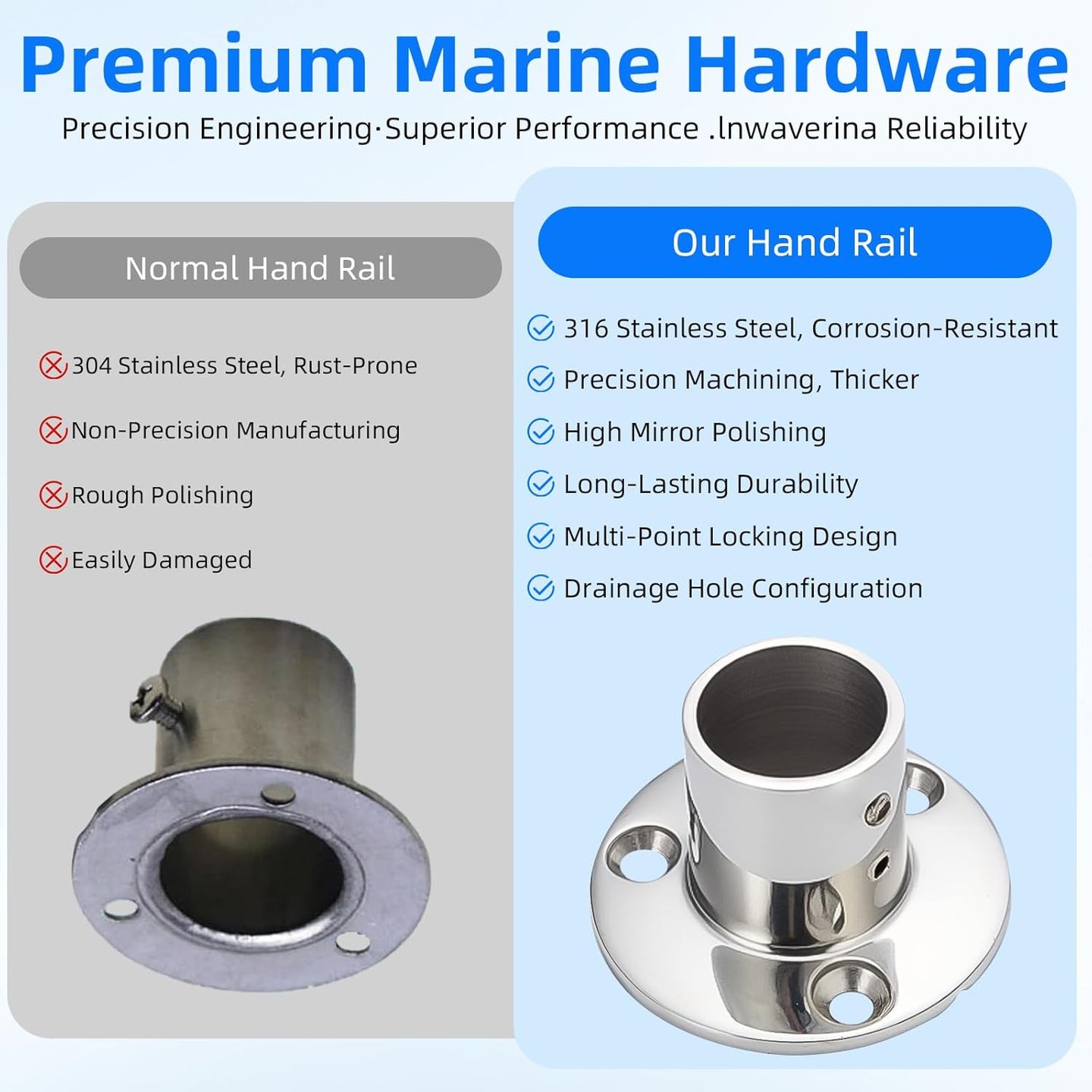 Various applications of the 90 degree vertical marine tube connector on flat boat decks