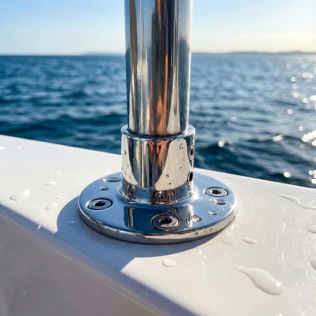 90 degree vertical marine rail socket fitting installed on a flat boat deck for 1.2 inch tubing
