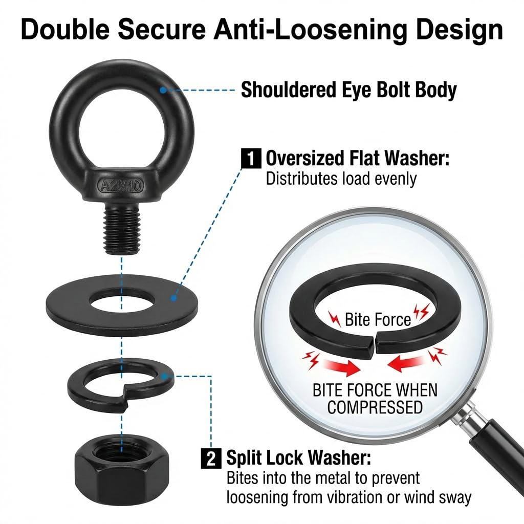 Exploded diagram demonstrating the vibration-proof double lock nut fastener system on a black eye bolt, designed to prevent loosening in high-stress environments.