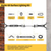 Diagram illustrating the proper installation of a cable support system for string lights, showing connections from an exterior wall to a wooden post using turnbuckles.