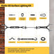 Diagram illustrating the proper installation of a cable support system for string lights, showing connections from an exterior wall to a wooden post using turnbuckles.