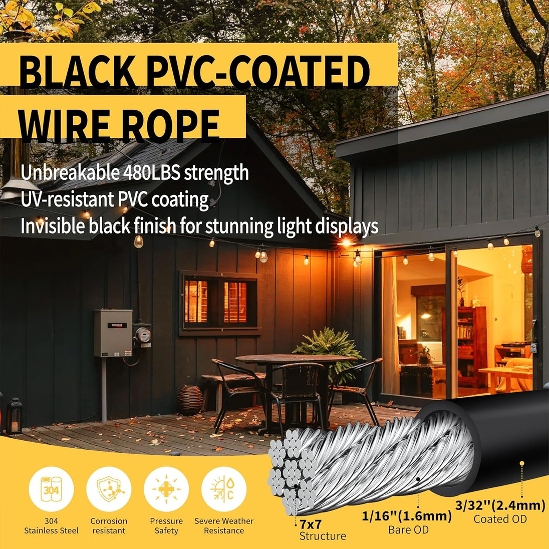 Product feature graphic highlighting the weatherproof black PVC coated steel cable, set against a background of a beautifully illuminated backyard patio at night.