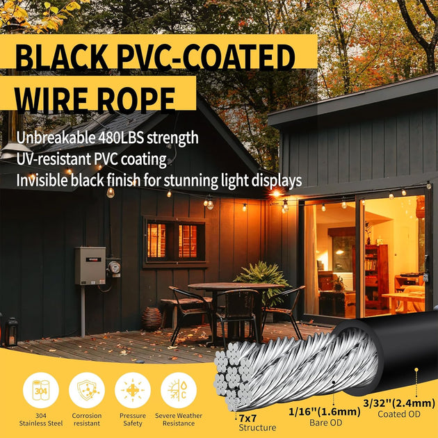 Product feature graphic highlighting the weatherproof black PVC coated steel cable, set against a background of a beautifully illuminated backyard patio at night.