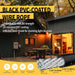 Product feature graphic highlighting the weatherproof black PVC coated steel cable, set against a background of a beautifully illuminated backyard patio at night.