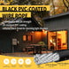 Product feature graphic highlighting the weatherproof black PVC coated steel cable, set against a background of a beautifully illuminated backyard patio at night.