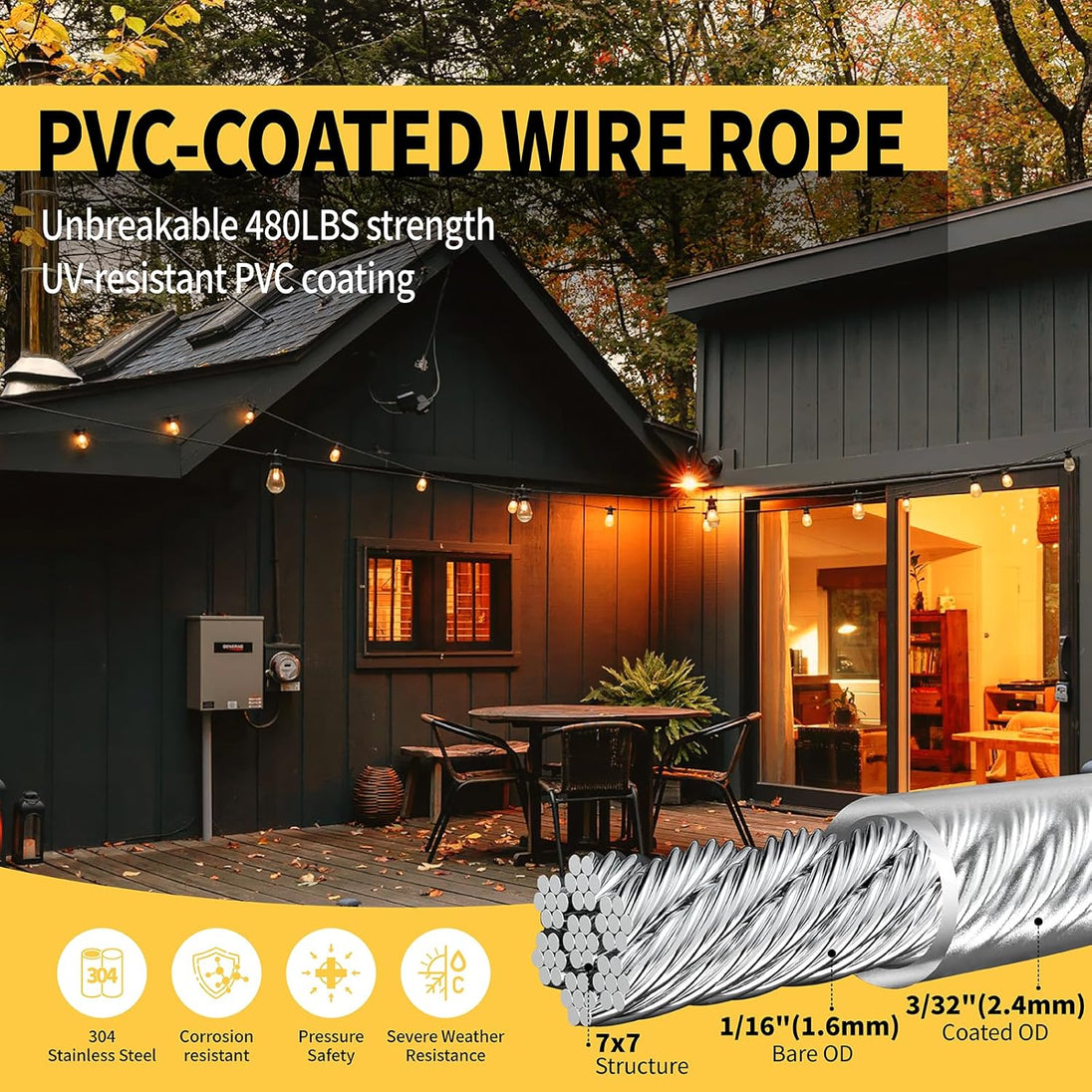 Feature graphic demonstrating a weatherproof PVC-coated wire rope suspending string lights over an illuminated outdoor patio cabin.