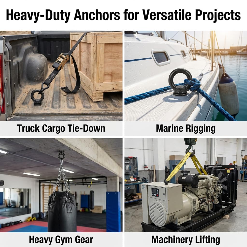 A photo collage presenting creative wire rope anchoring ideas, showing heavy-duty eye bolts securing shade sails and providing suspension points for backyard hammocks.