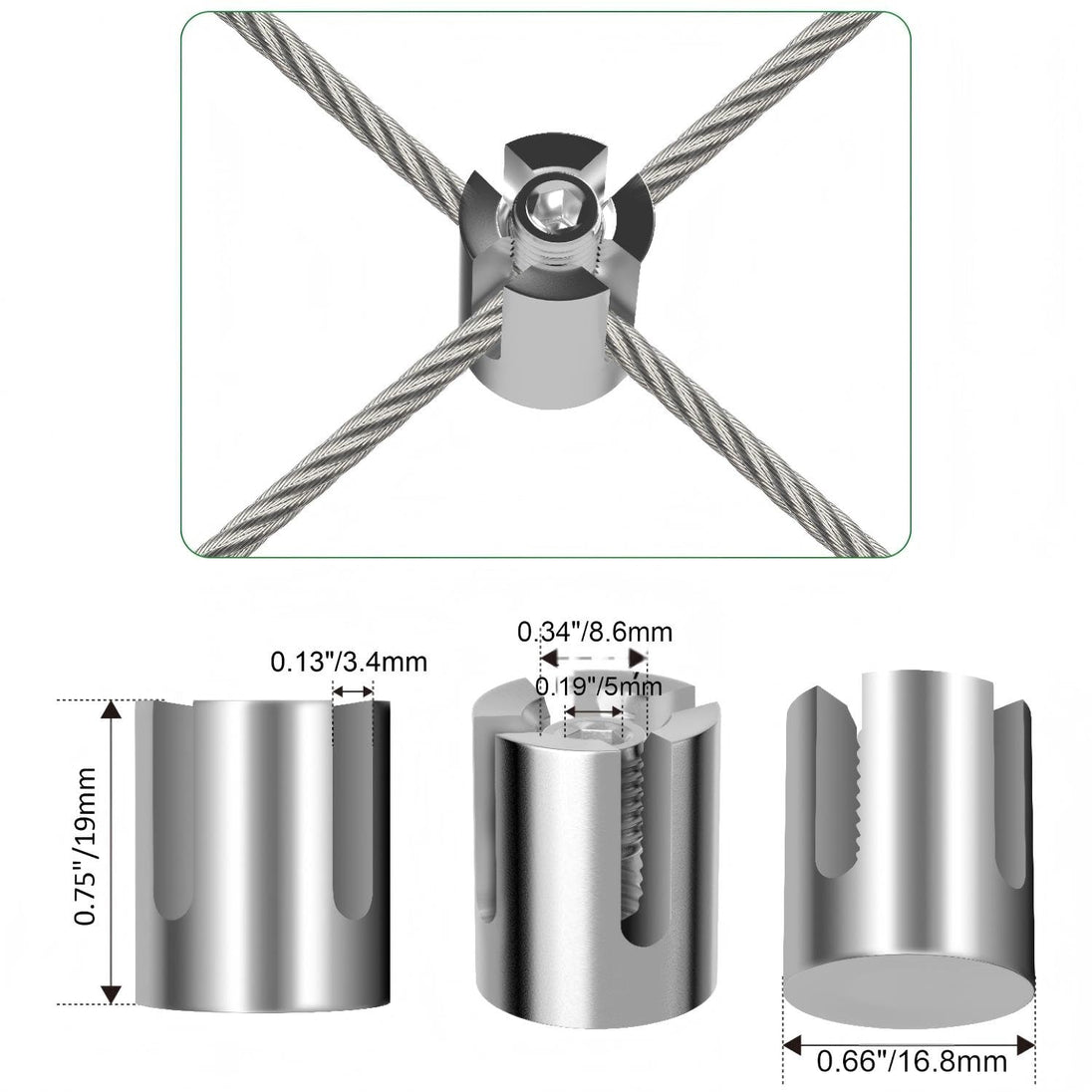 Technical dimension blueprint detailing the exact size, slot width, and installation specifications for the stainless steel wire rope cross clamp hardware.