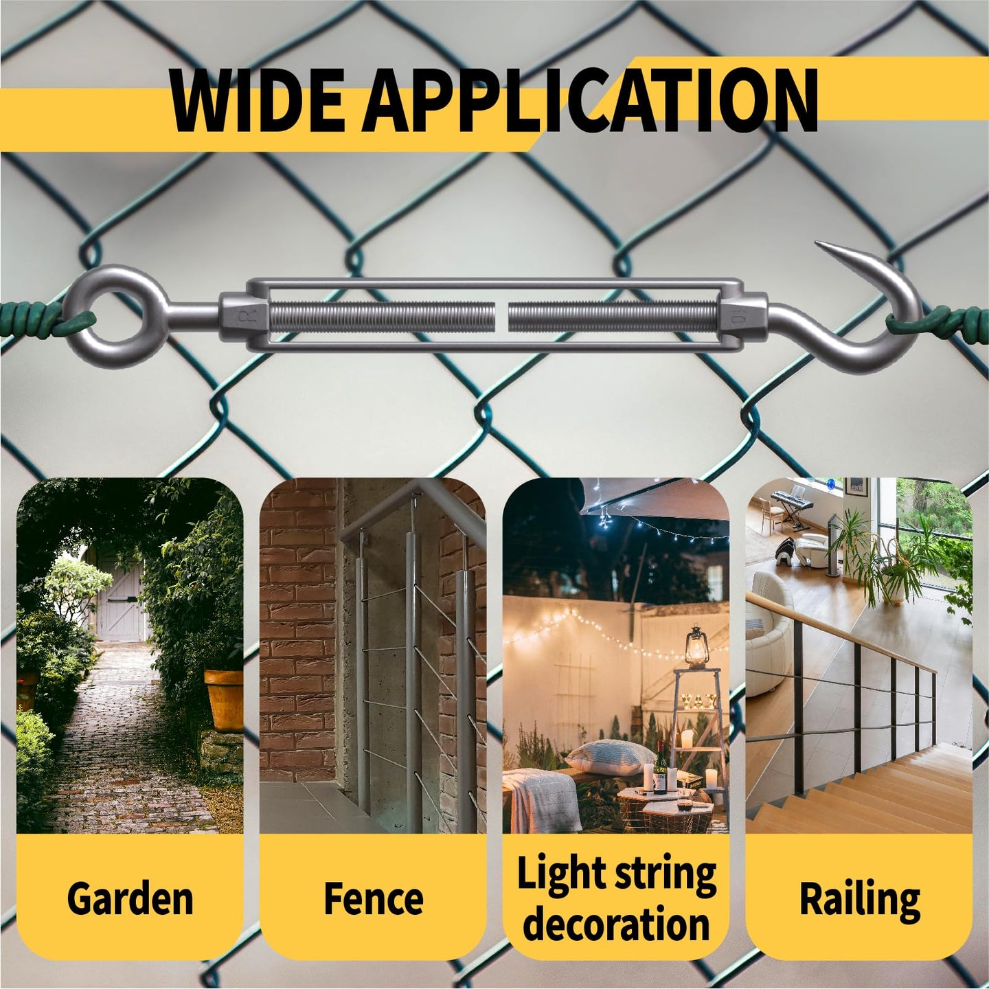 Hook and eye turnbuckle used for tensioning outdoor sun shade sail