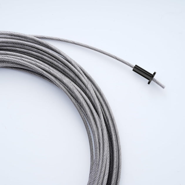 	Stainless steel wire rope threaded through a black T316 wood post protective sleeve