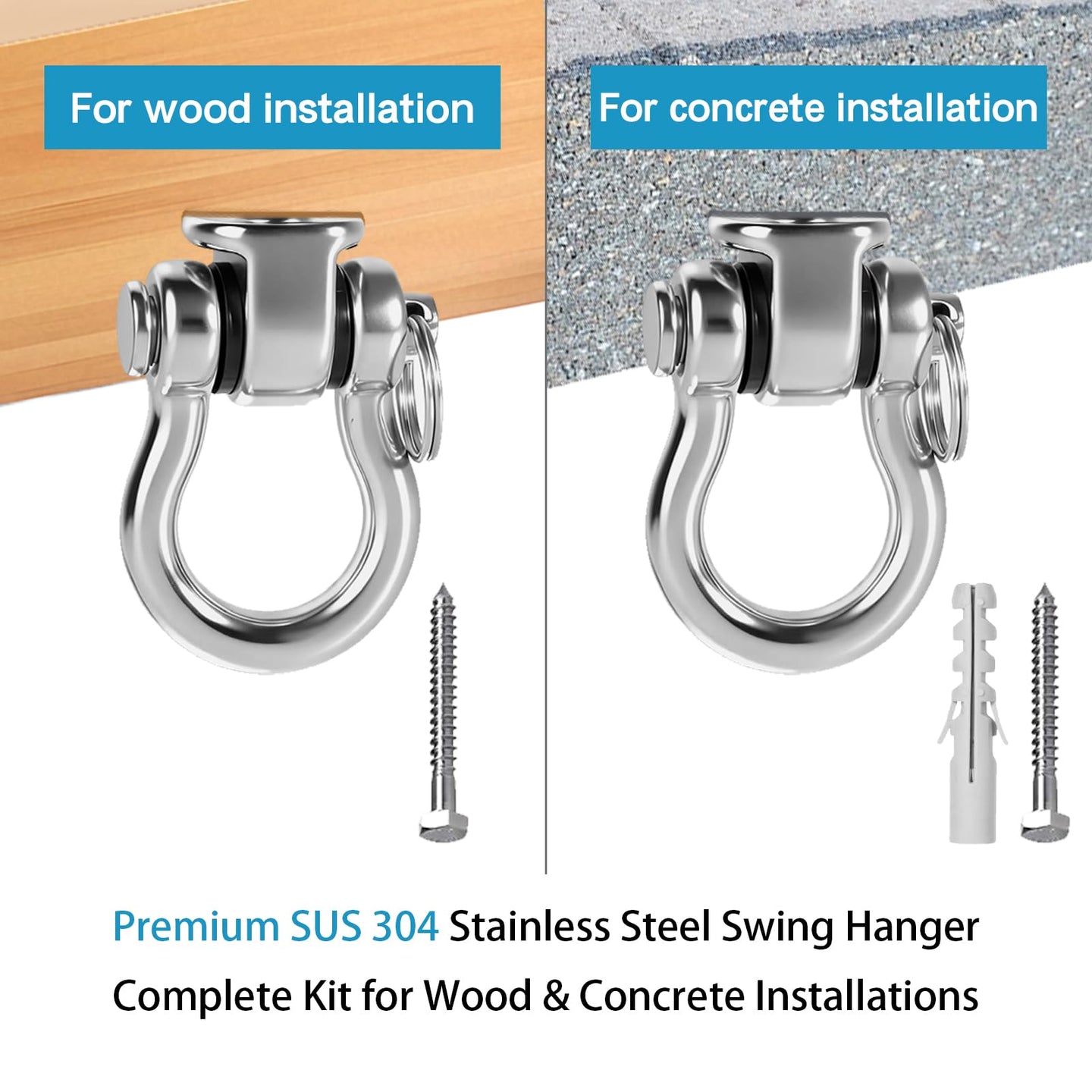 RiaYer premium SUS 304 stainless steel swing hanger complete kit for both wood and concrete installations.