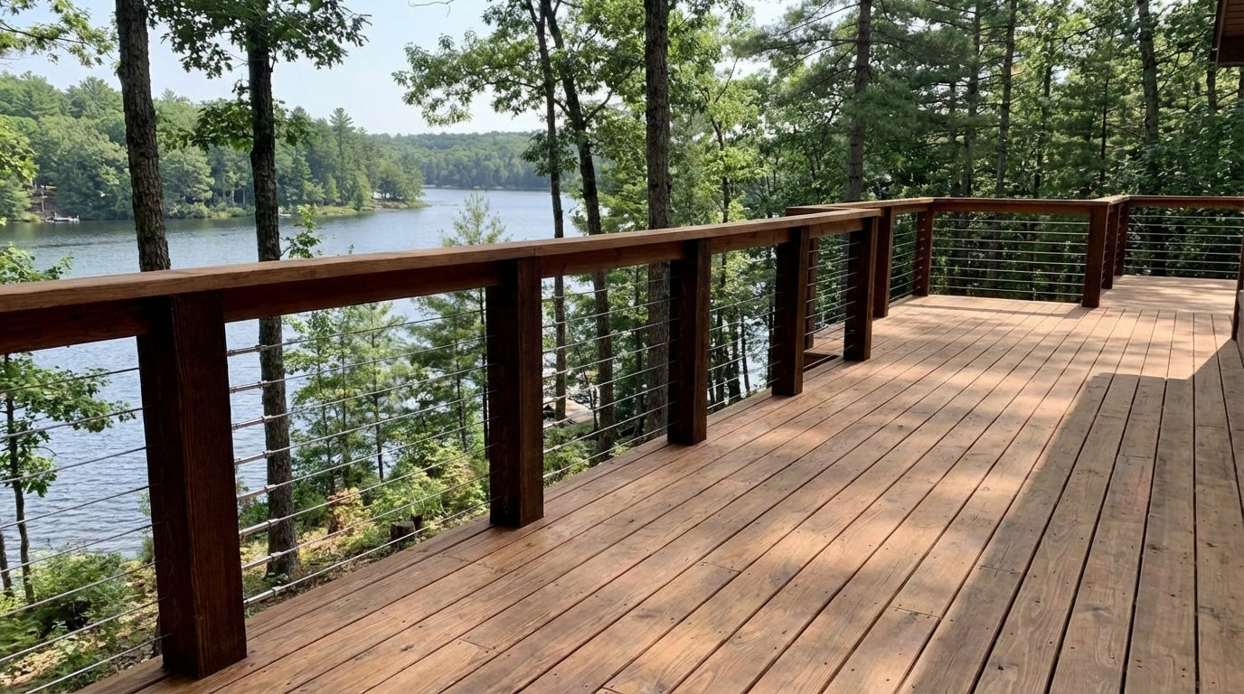 Spacious outdoor wood deck featuring a modern stainless steel cable railing system, providing an unobstructed view of a lake and forest.