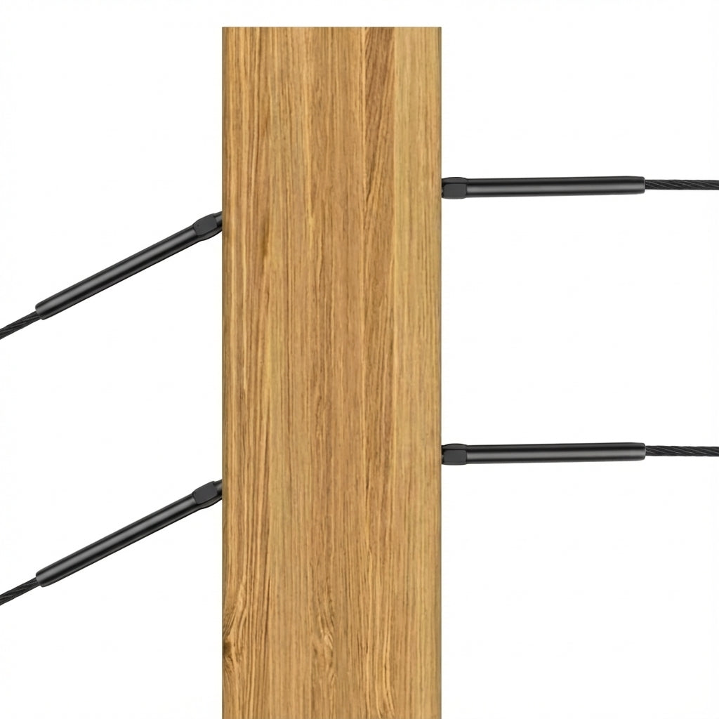 Black titanium swage lag screws installed on a wood post cable railing system.