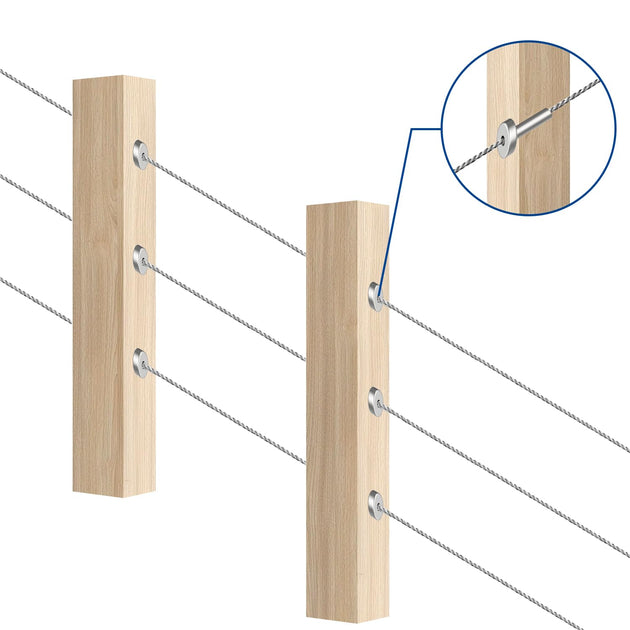 Diagram illustrating 1/8 inch wire rope passing smoothly through an angled protective sleeve in a wood post.