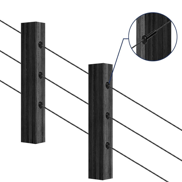 Diagram illustrating 1/8 inch wire rope passing smoothly through an angled protective sleeve in a wood post.