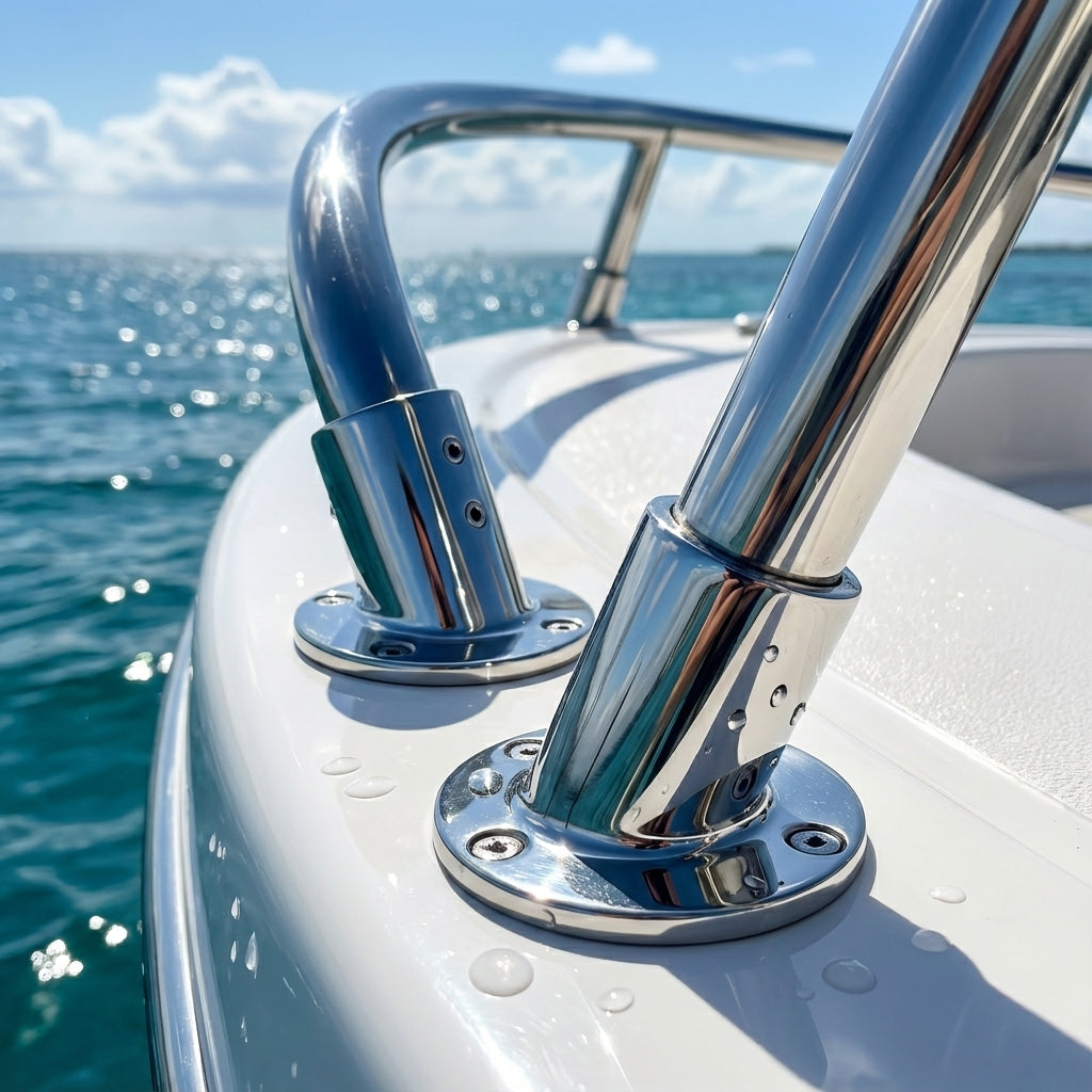 60 degree marine rail socket fitting installed on a yacht handrail for 1.2 inch tubing