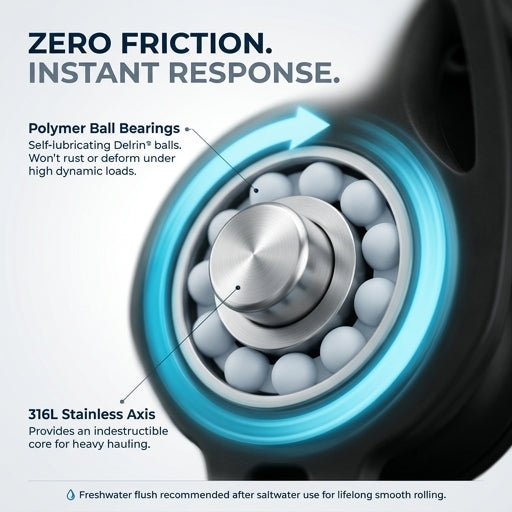 Detailed graphic highlighting the "Zero Friction" internal precision ball bearings of a heavy-duty pulley block, ensuring smooth and silent rotation.